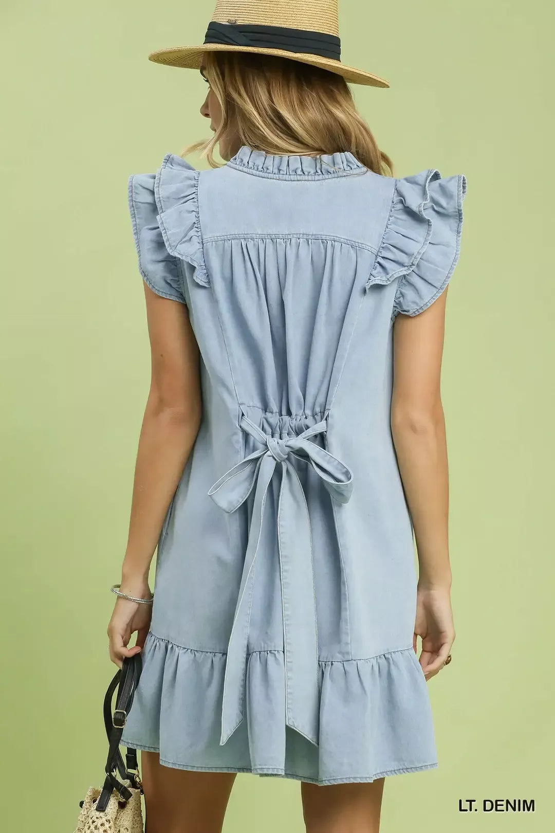 Chambray Ruffled Denim Dress with Side Pockets styled look