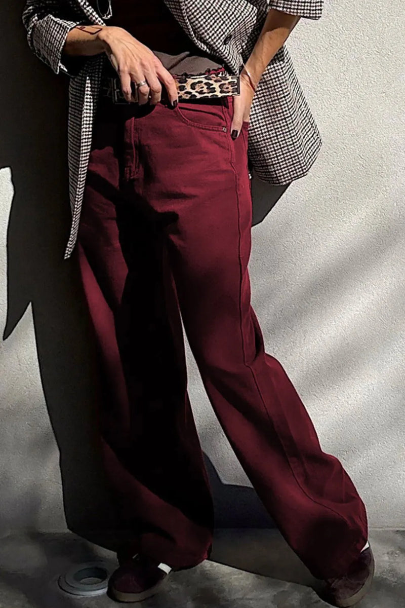 Burgundy high waist wide leg jeans front view