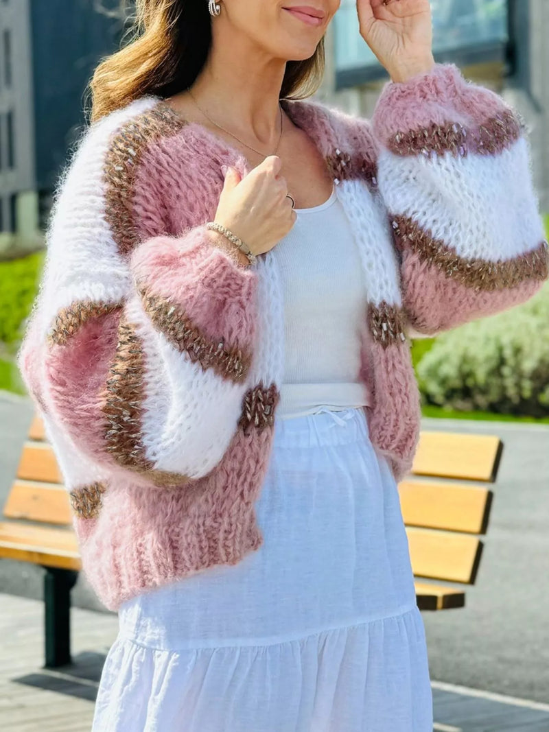 Color block open front cardigan front view