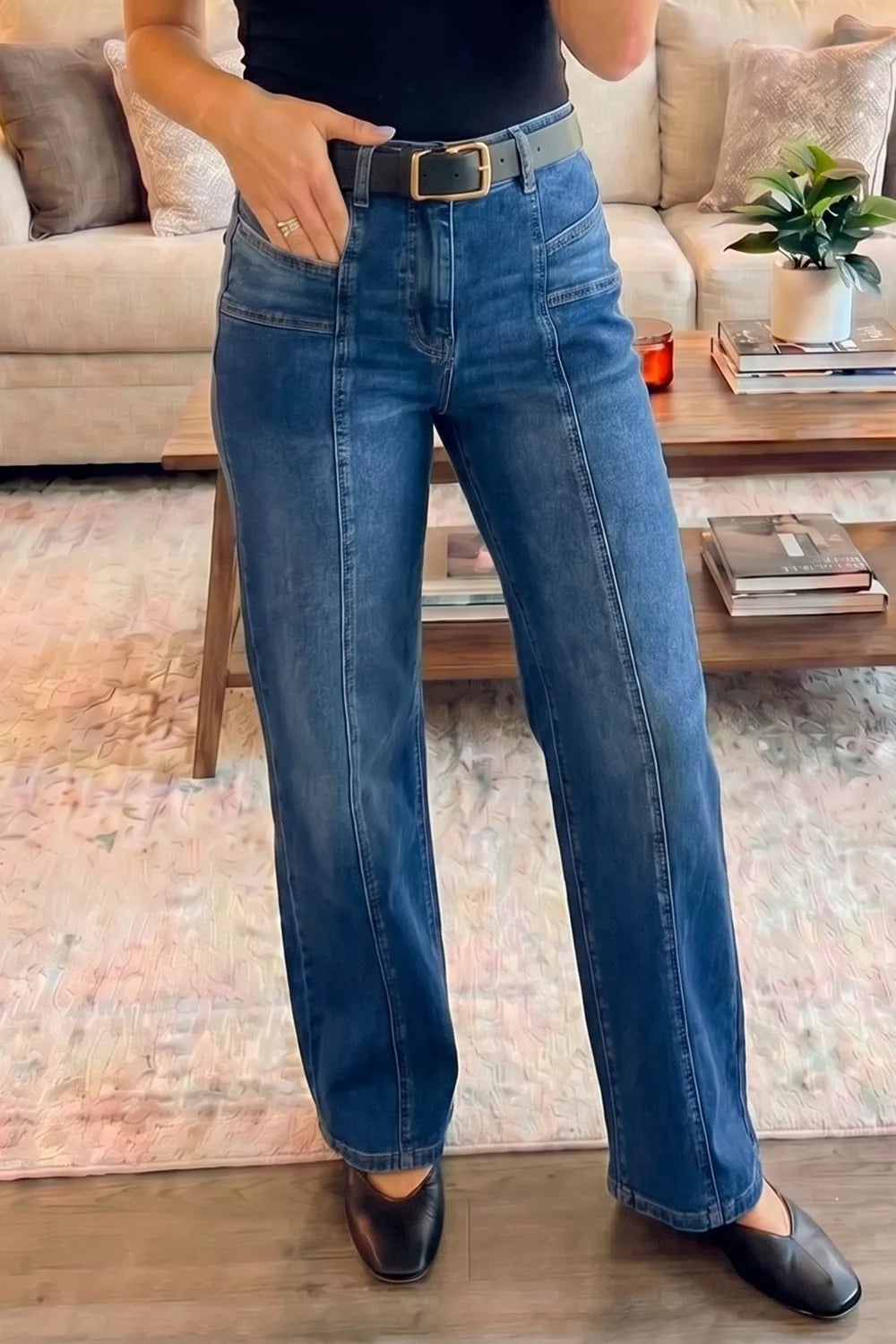 Front seam detail on straight leg jeans
