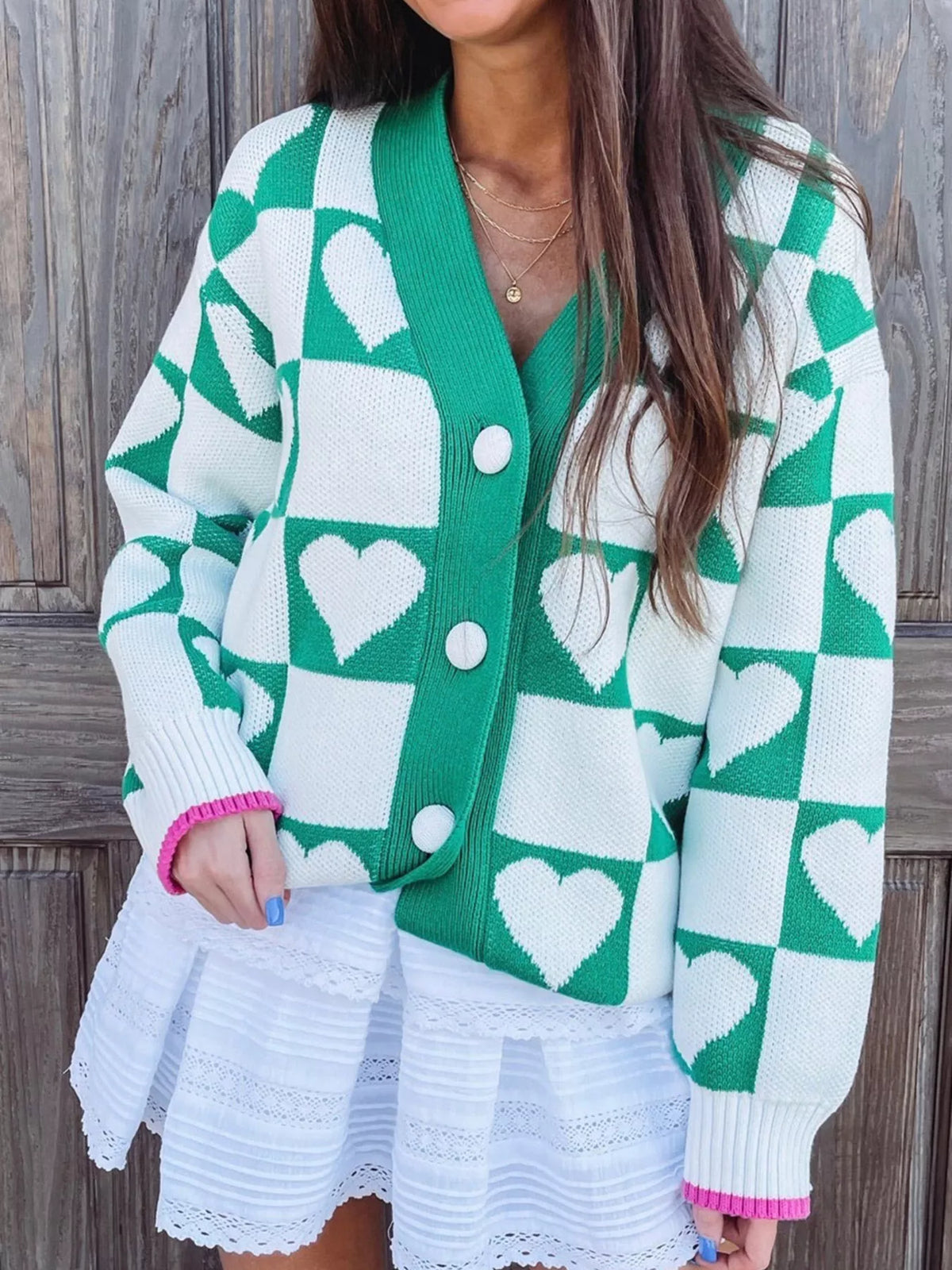 Plaid Heart Knit Button Down Cardigan in Turquoise