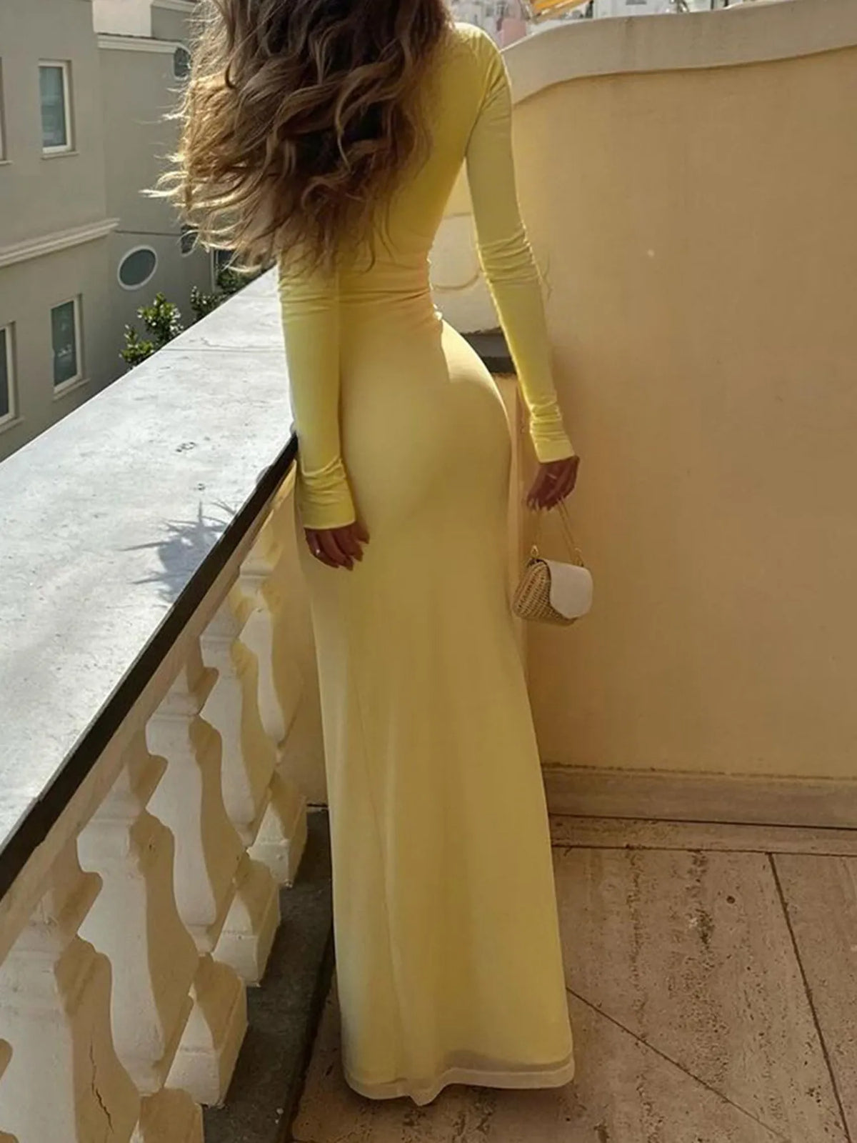 Deep V long sleeve slim maxi dress styled look