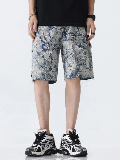 Men's Loose Fit Denim Shorts with Pockets Jacquard Basket - Fashorio