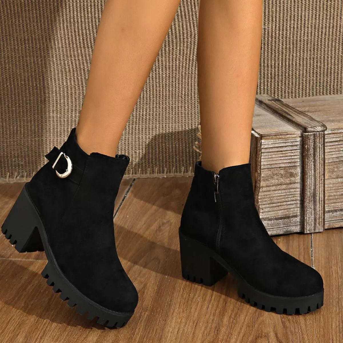 Suede round toe block heel boots front view
