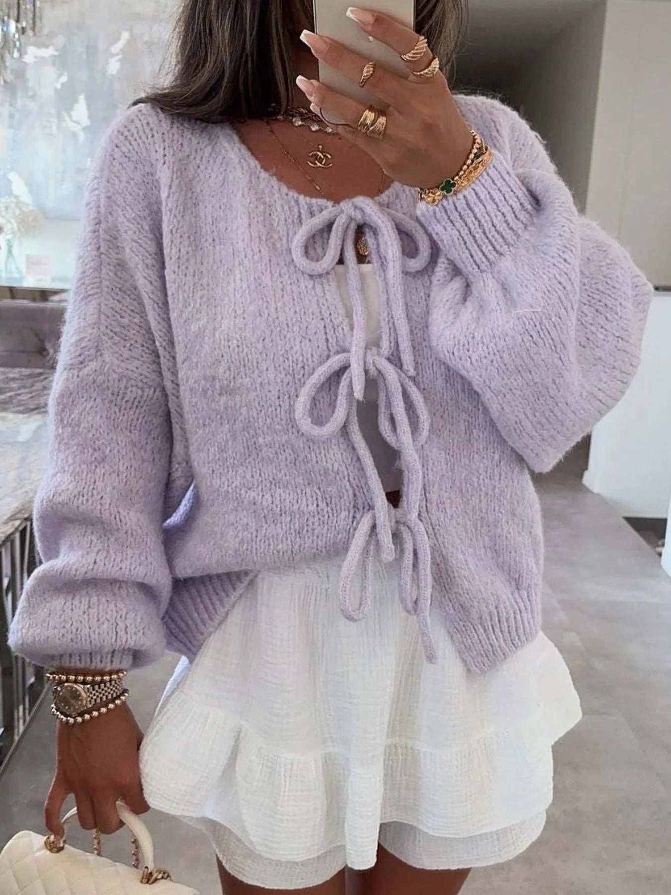 Cozy Bow-Tie Front Knit Cardigan Purple - Fashorio