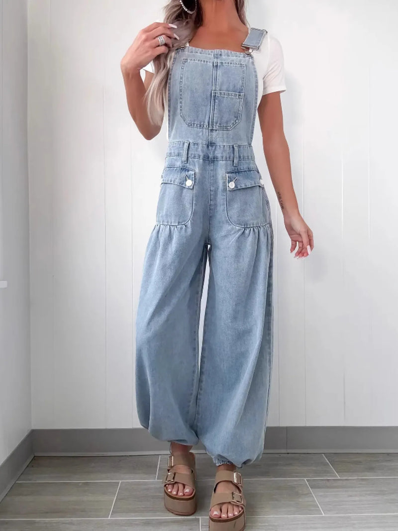 Wide leg buttoned denim overalls front view