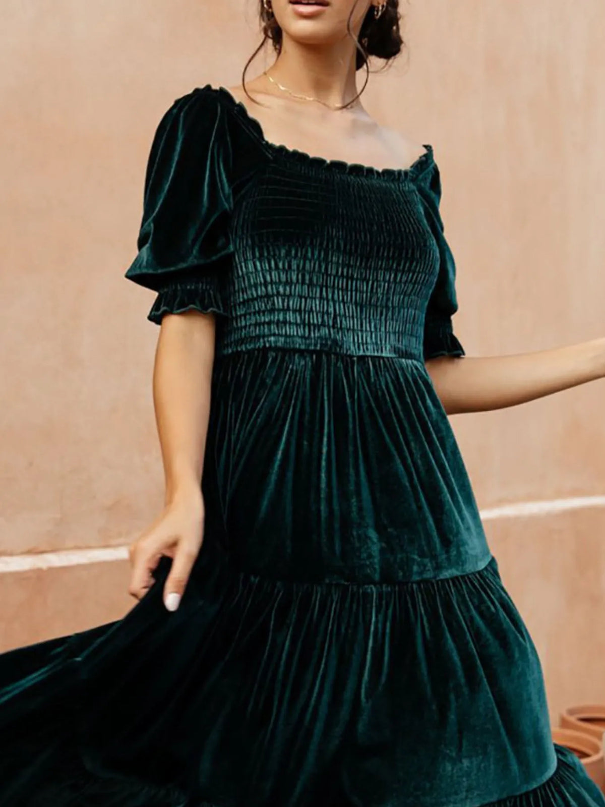 Smocked Half Sleeve Tiered Midi Dress styled on model