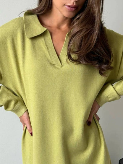 Long Sleeve Collared Neck Knit Dress - Fashorio