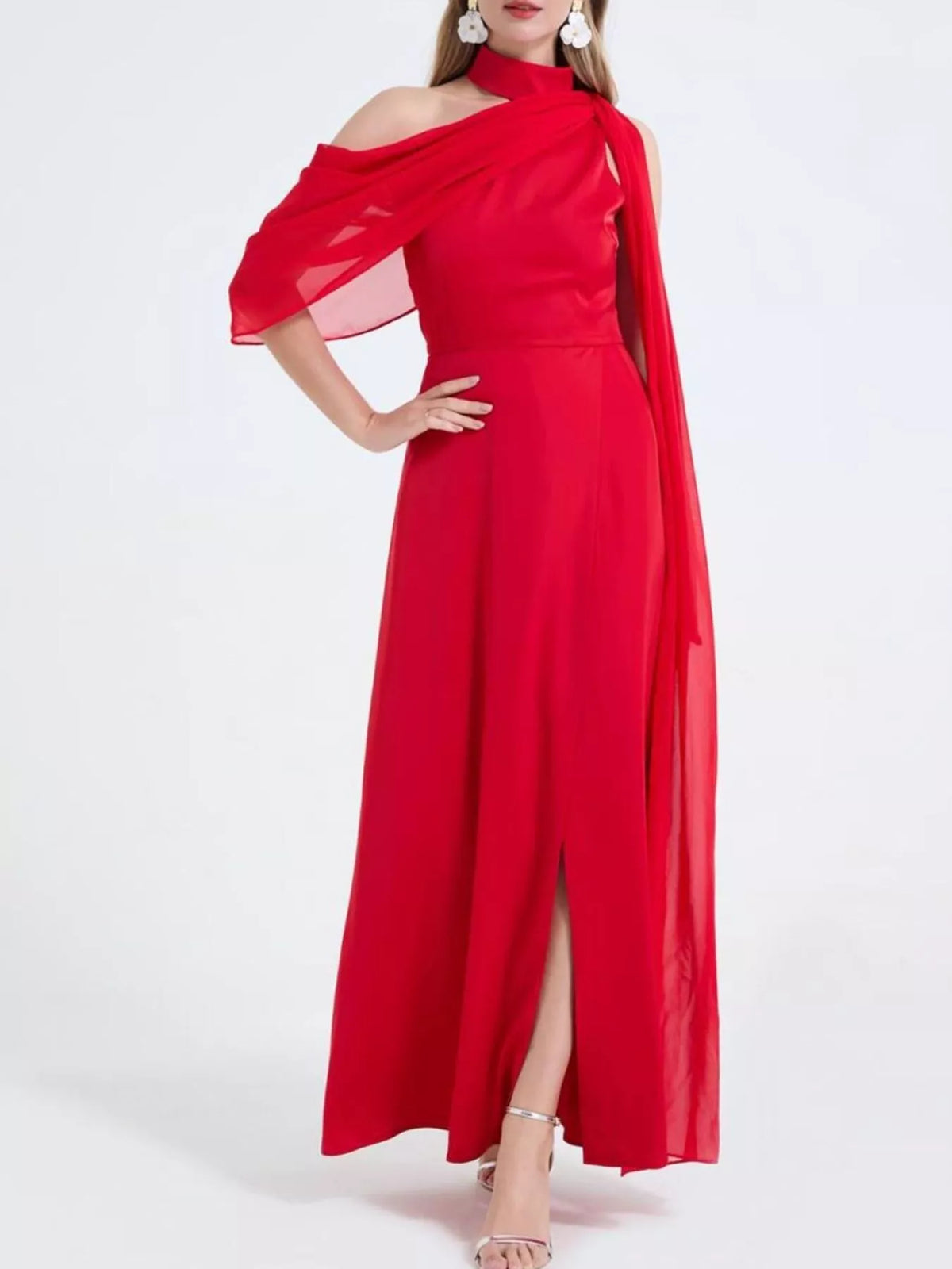 Asymmetrical neckline detail on formal maxi dress