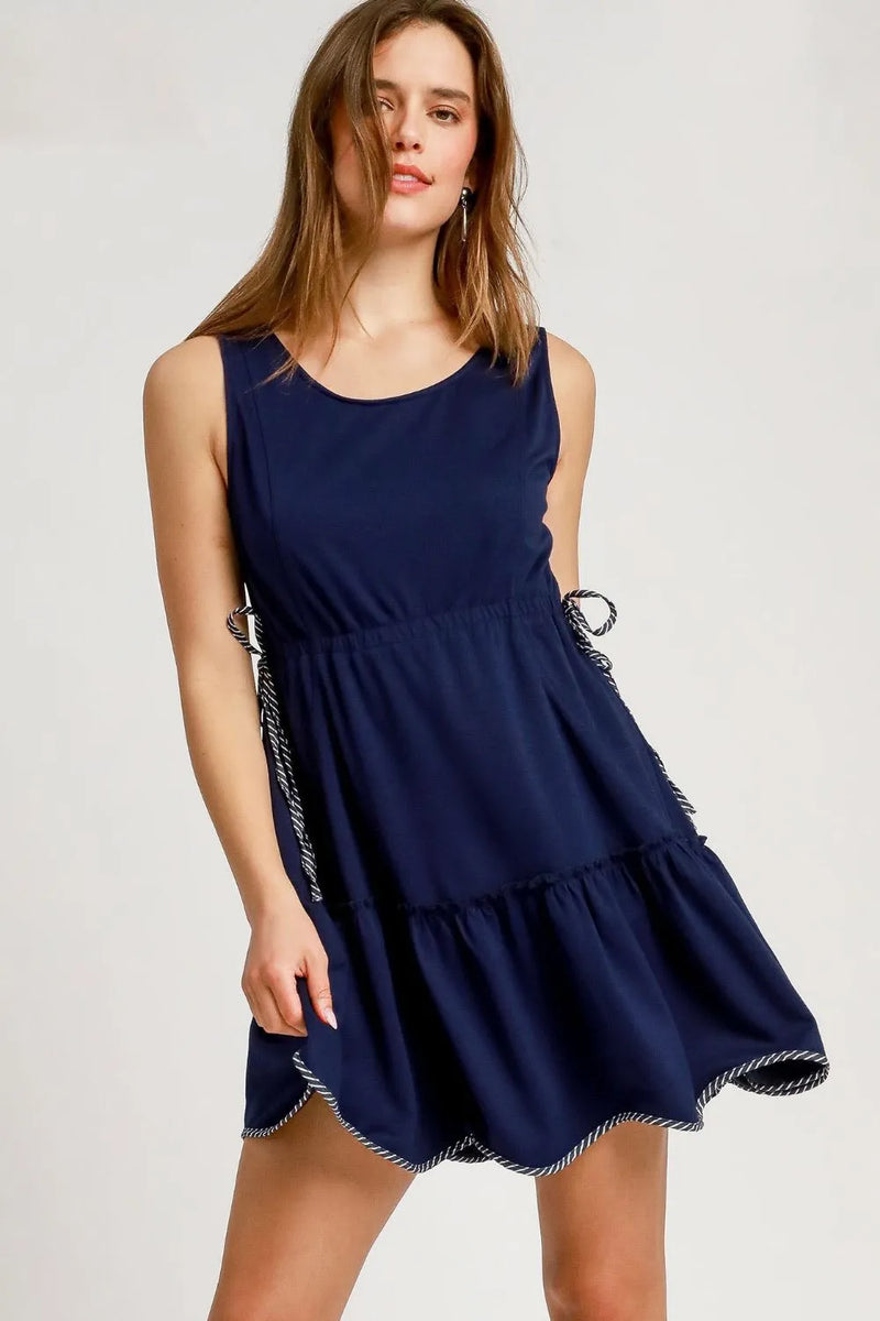 Frill Drawstring Waist Round Neck Mini Tank Dress
