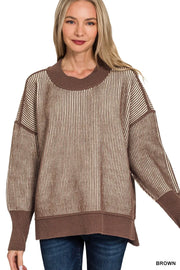 Zenana Exposed Seam Two Tone Ribbed Sweater BROWN - Fashorio