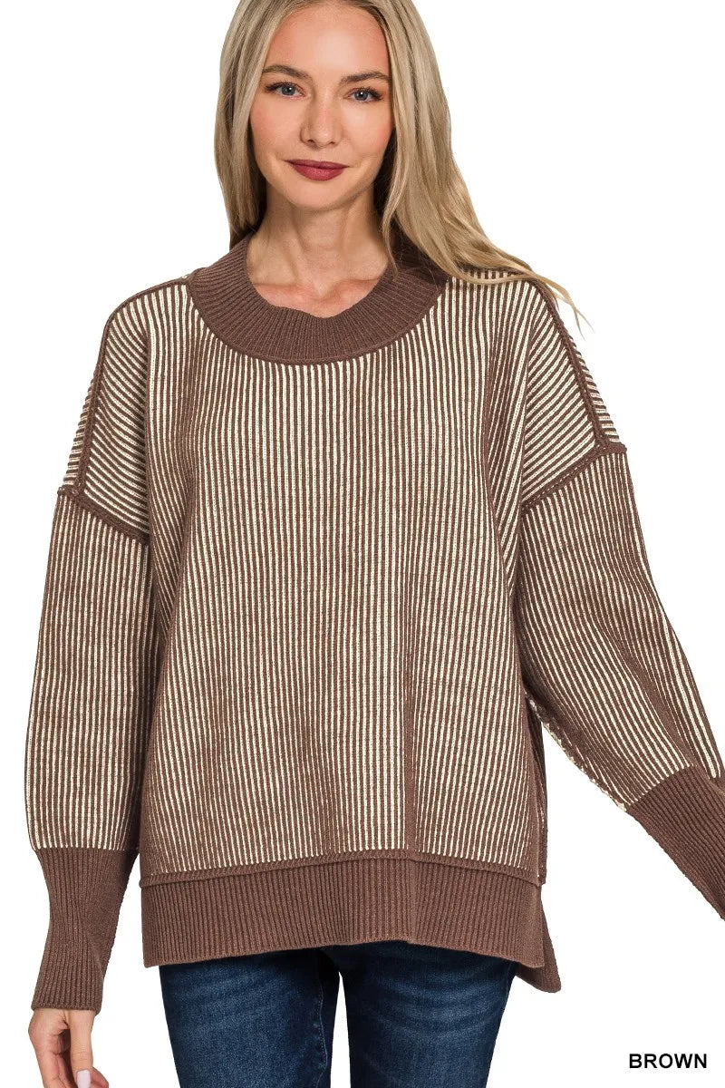 Zenana Exposed Seam Two Tone Ribbed Sweater BROWN - Fashorio
