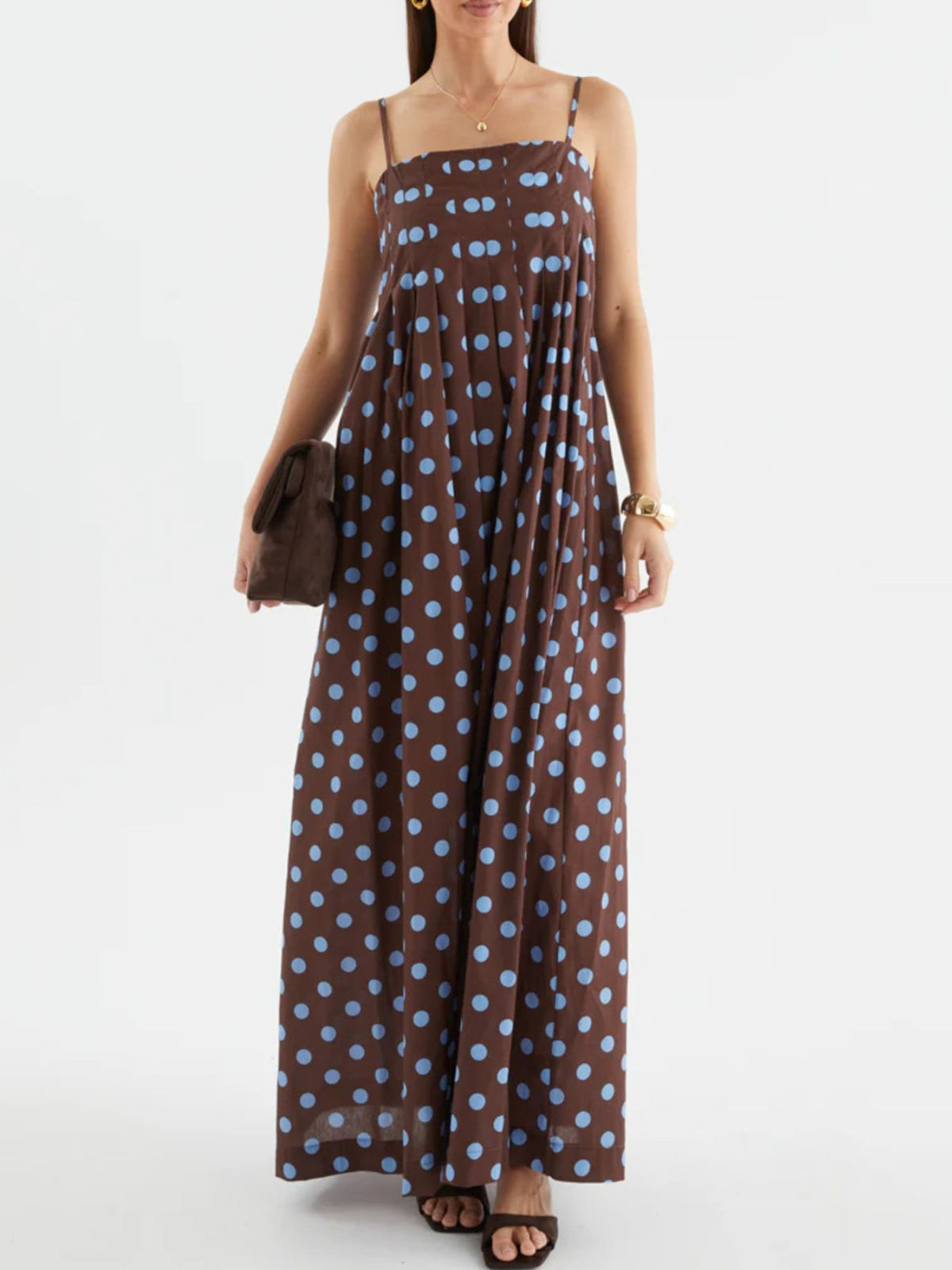 Polka dot smocked pleated maxi dress detail view