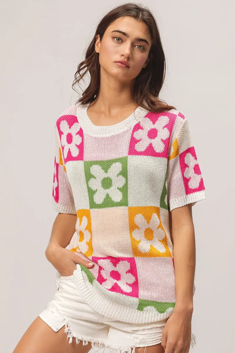 Floral Check Lightweight Sweater Top on model
