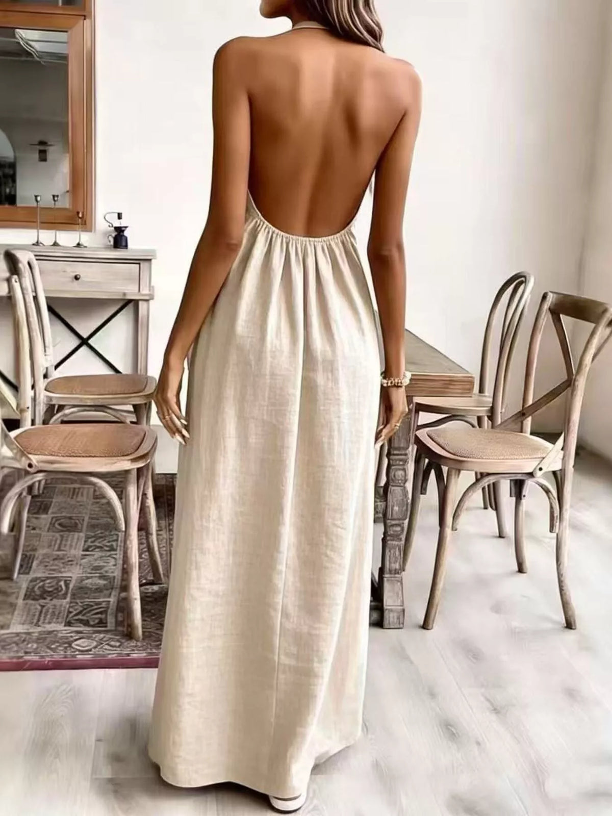 Halter neck ruched maxi dress side view