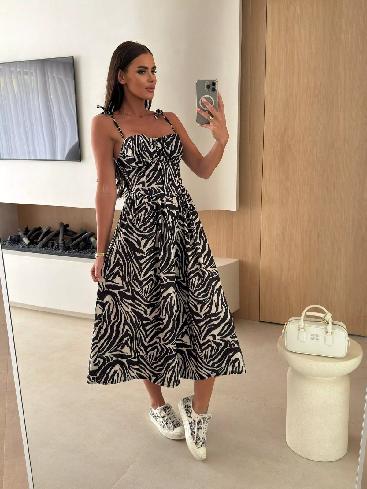 Printed tie strap midi dress back view