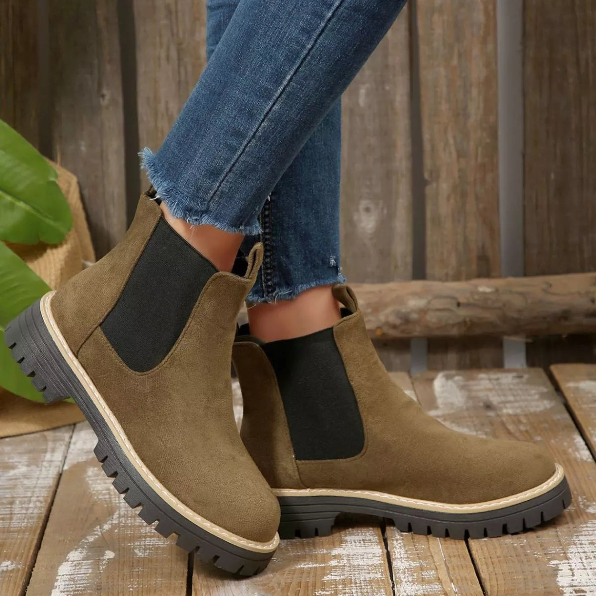 Round Toe Block Heel Boots close up of the upper