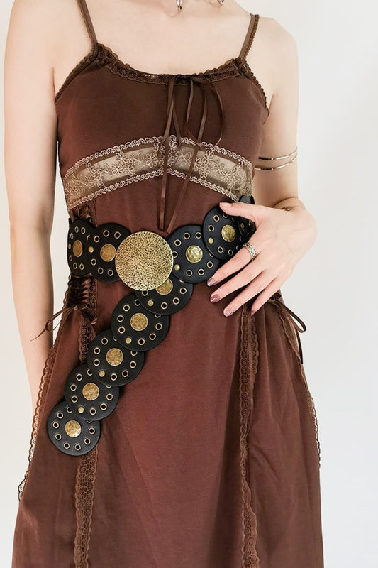 Round Shape PU Leather Belt Black Gold One Size - Fashorio