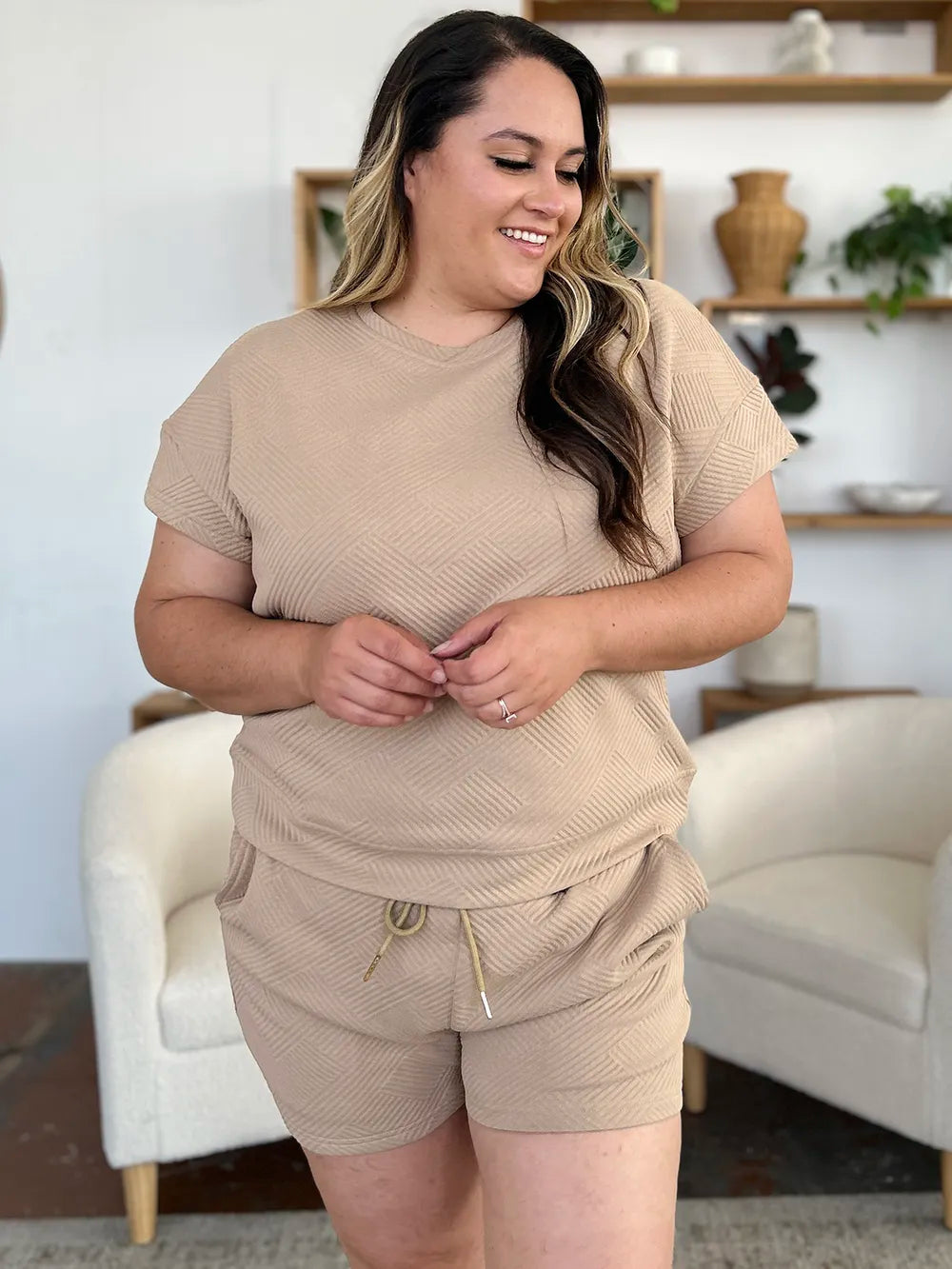 Double Take Full Size Texture Short Sleeve T-Shirt and Drawstring Shorts Set - Fashorio