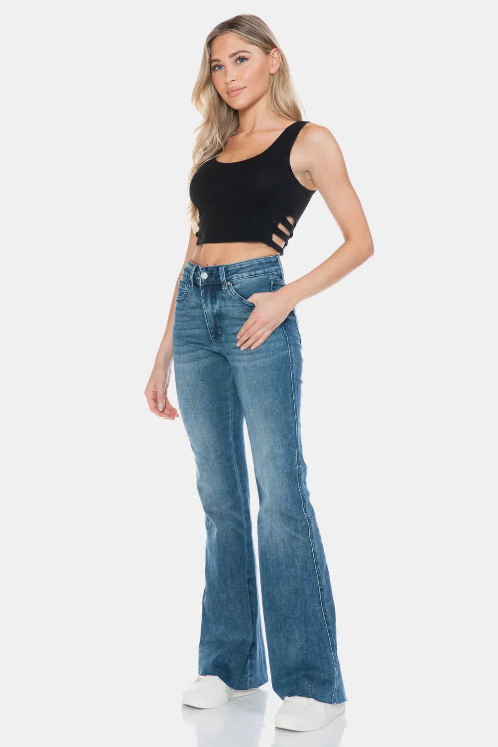 Judy Blue Full Size Tummy Control Cut Hem Flare Jeans – Vintage Wash - Fashorio