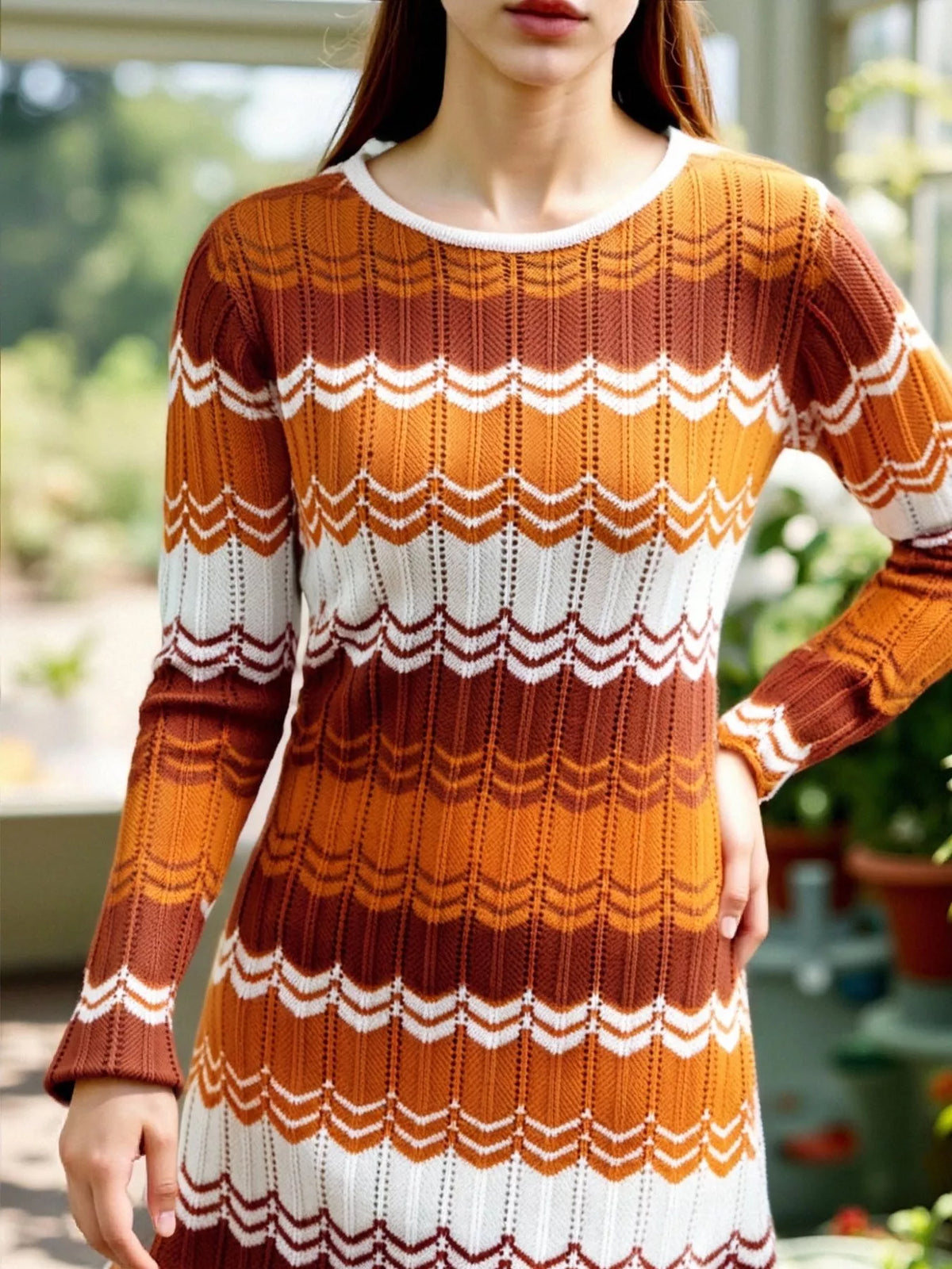 openwork wave pattern knit sweater dress three quarter view