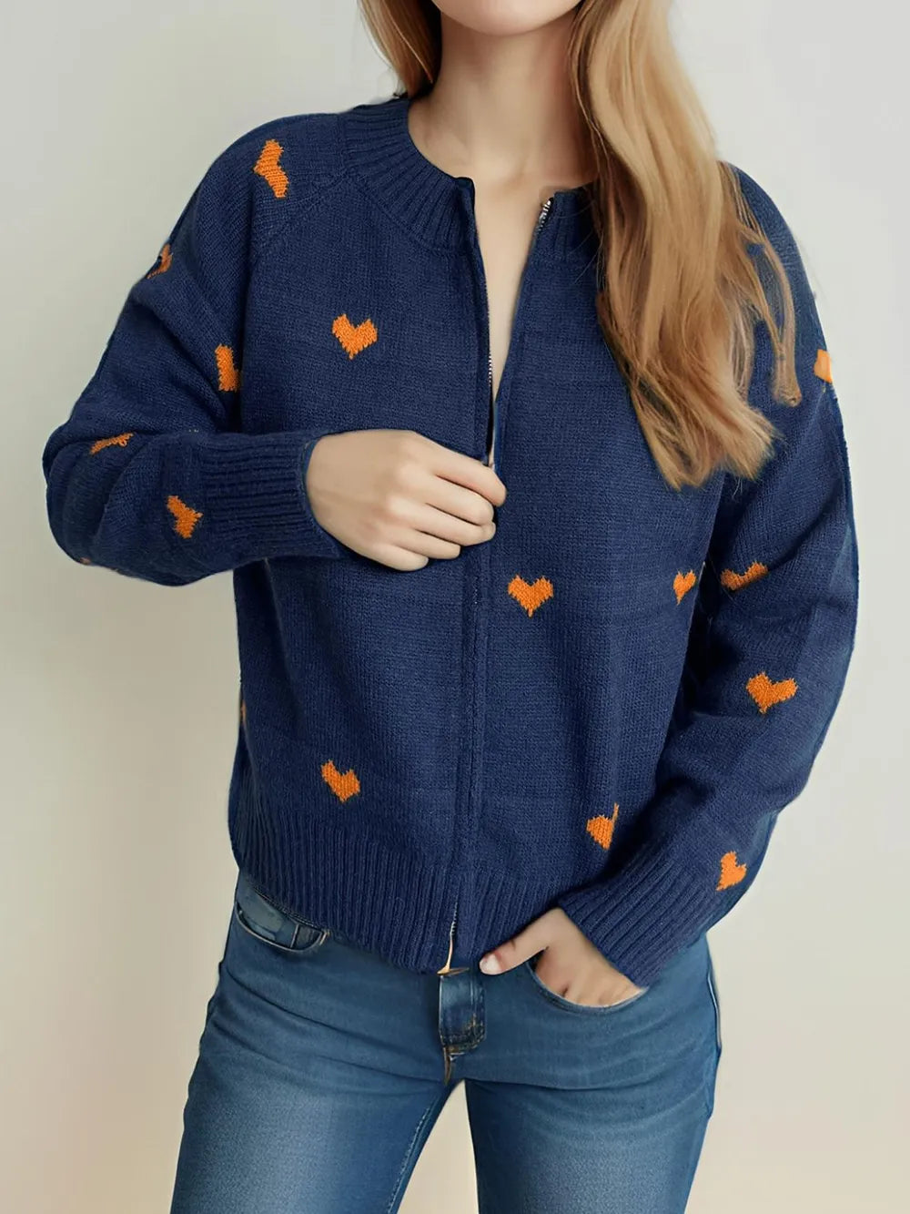 Heart Round Neck Zip Up Cardigan - Fashorio