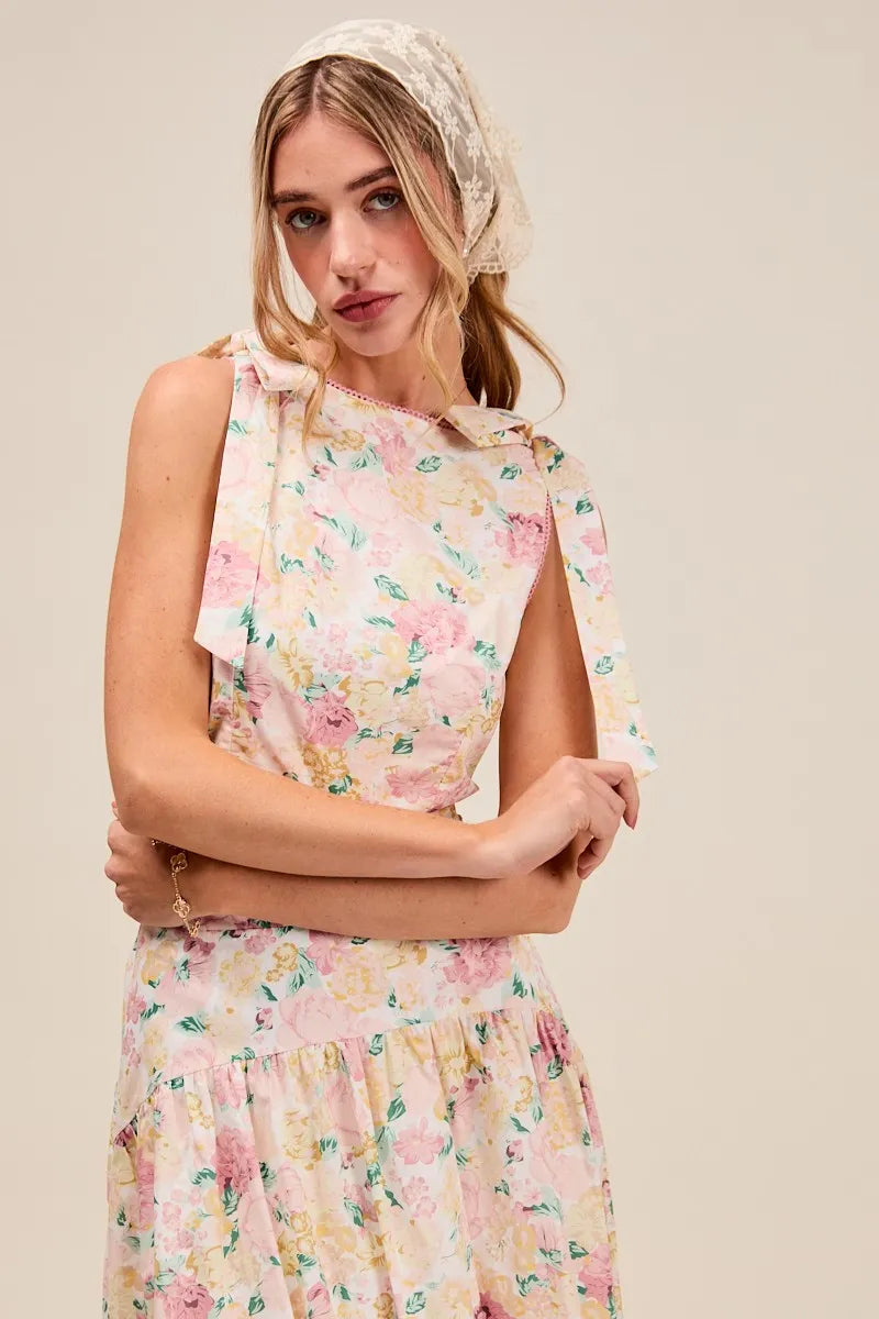 SO ME Floral Printed Woven Shoulder Bow Tie Top and Skirt Set - Fashorio