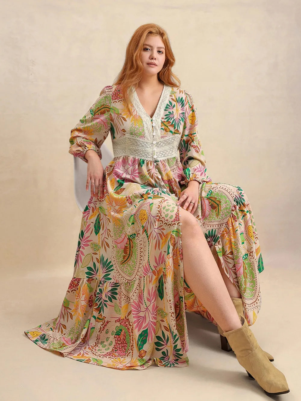 apricot lace printed balloon sleeve plus size maxi dress back view