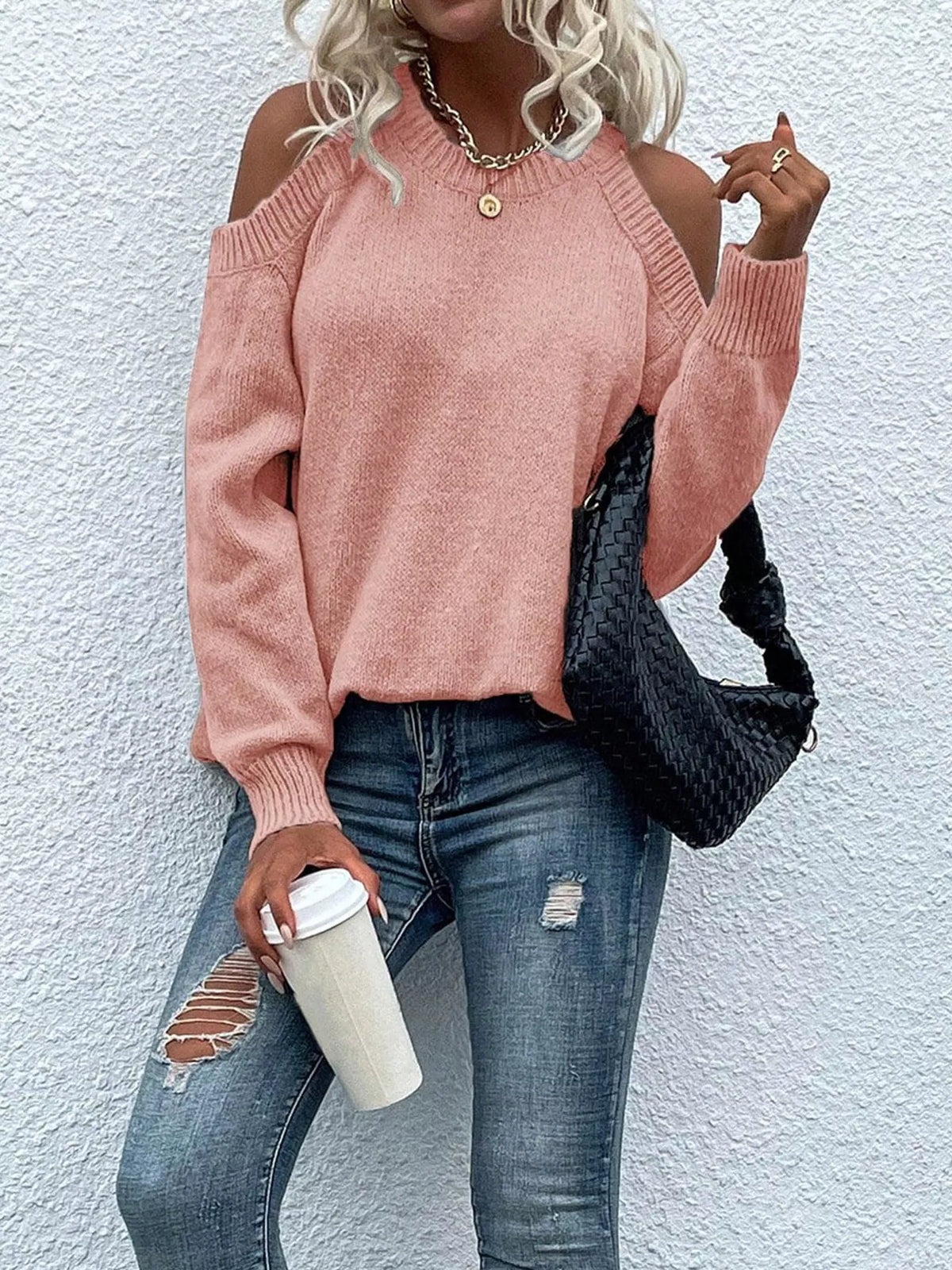 Cold shoulder knit sweater in pale blush, front view