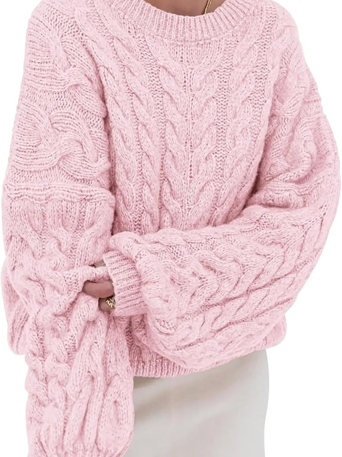 cable knit long sleeve sweater side view