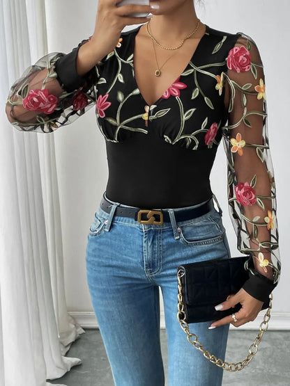 Perfee Embroidered V-Neck Long Sleeve Bodysuit - Fashorio
