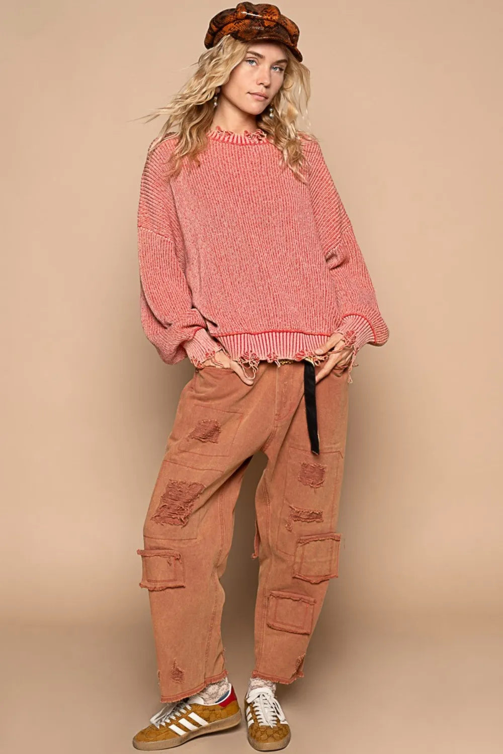 Distressed Washed Drop Shoulder Sweater in Red Brick detail