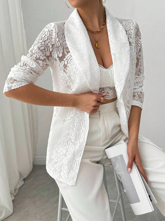 Lace Lapel Collar Long Sleeve Blazer White - Fashorio