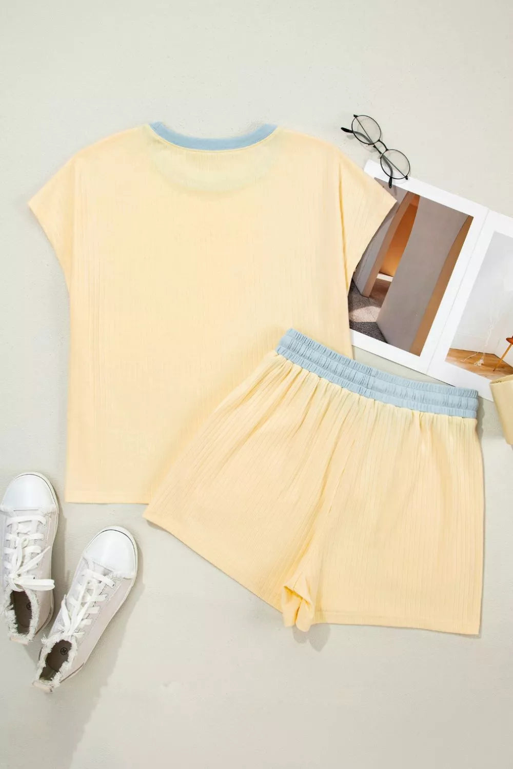 Soft Ribbed Color Block Casual Short Set, view 9