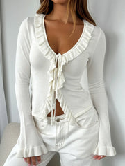 Ruffled Tie Front Flare Sleeve Shirt White - Fashorio