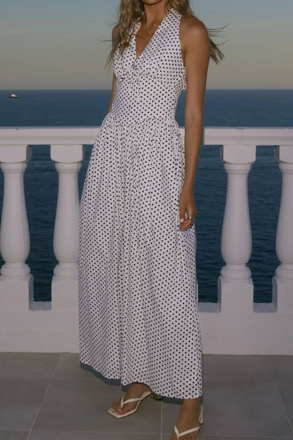 polka dot backless halter neck maxi dress back view