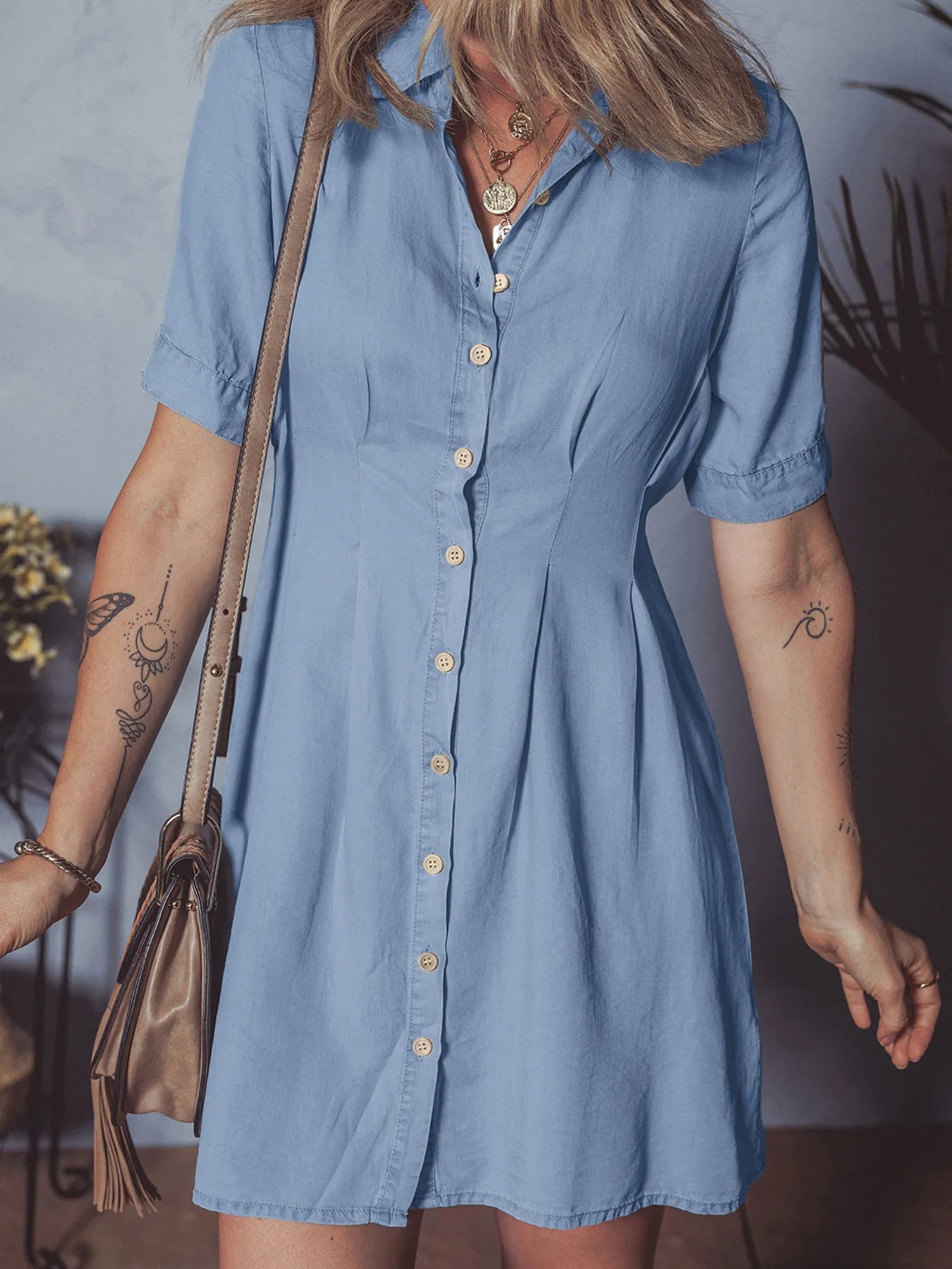 Denim Pleated Slim Waist Short Sleeve Shirt Dress - Fashorio