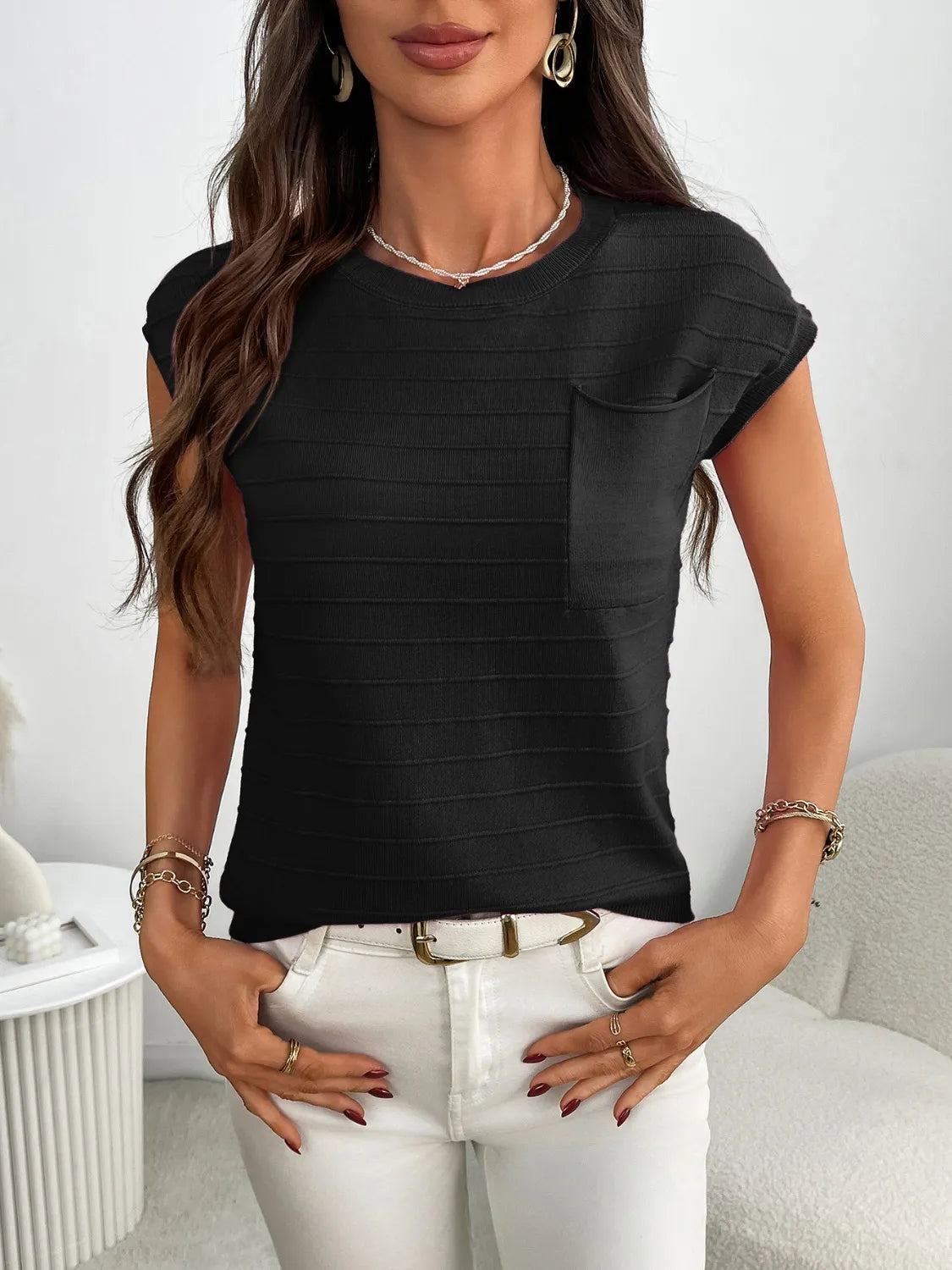 Round Neck Cap Sleeve Knit Top Black - Fashorio