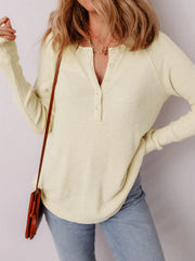 Textured Knit Half Buttons Henley Top Oatmeal - Fashorio