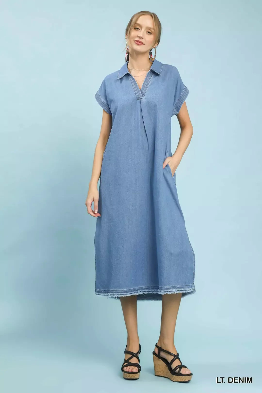 Stone Washed Collared Denim Midi Dress on model
