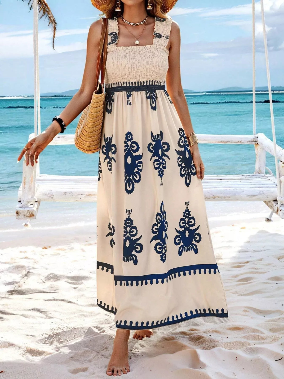 printed square neck smocked maxi dress full length view