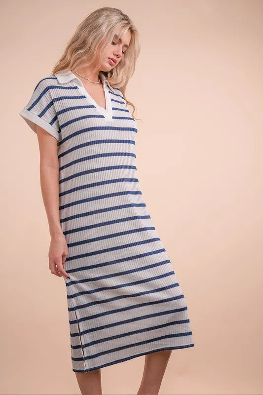 VERY J Oversized Collared Striped Knit Midi Dress - Fashorio