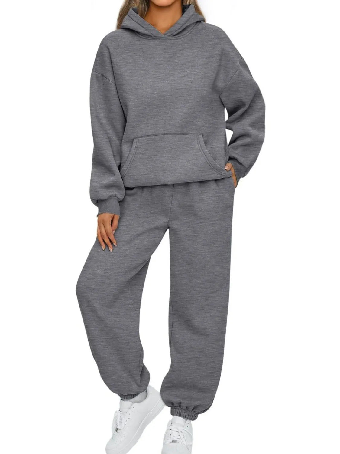 Full Size Kangaroo Pocket Hoodie and Joggers Set Plus Size Dark Gray - Fashorio