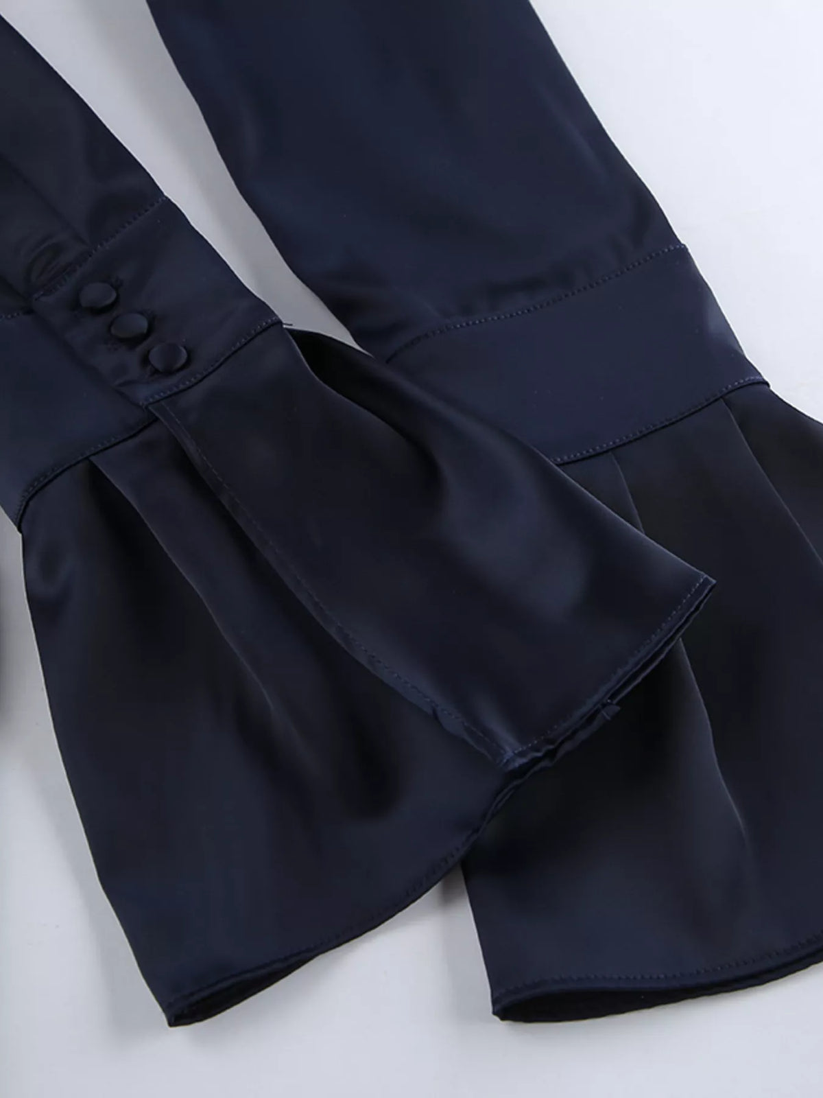 Dark Navy mock neck flounce sleeve dress close up