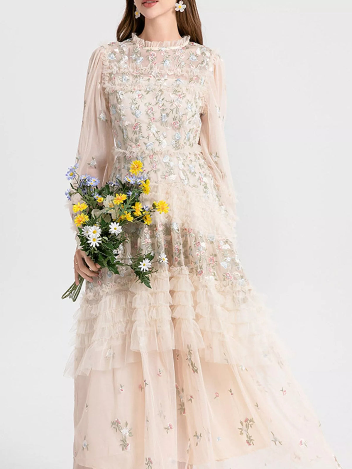 Apricot floral tulle layered maxi dress detail view