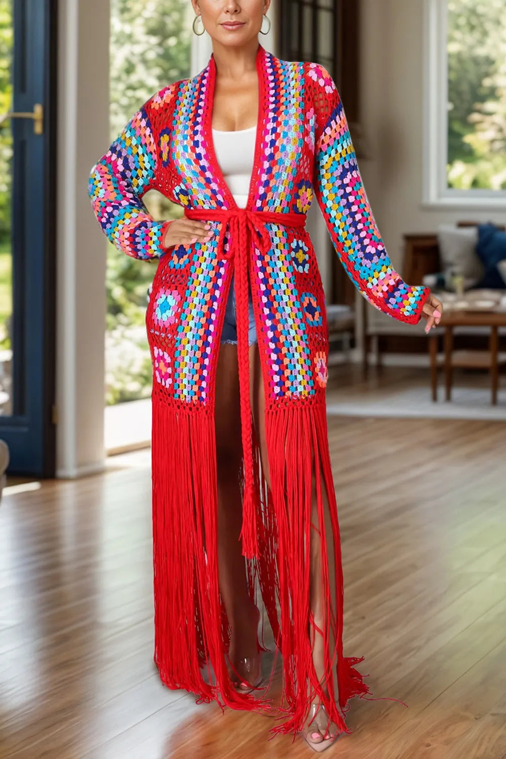 Fringe duster cardigan openwork knit