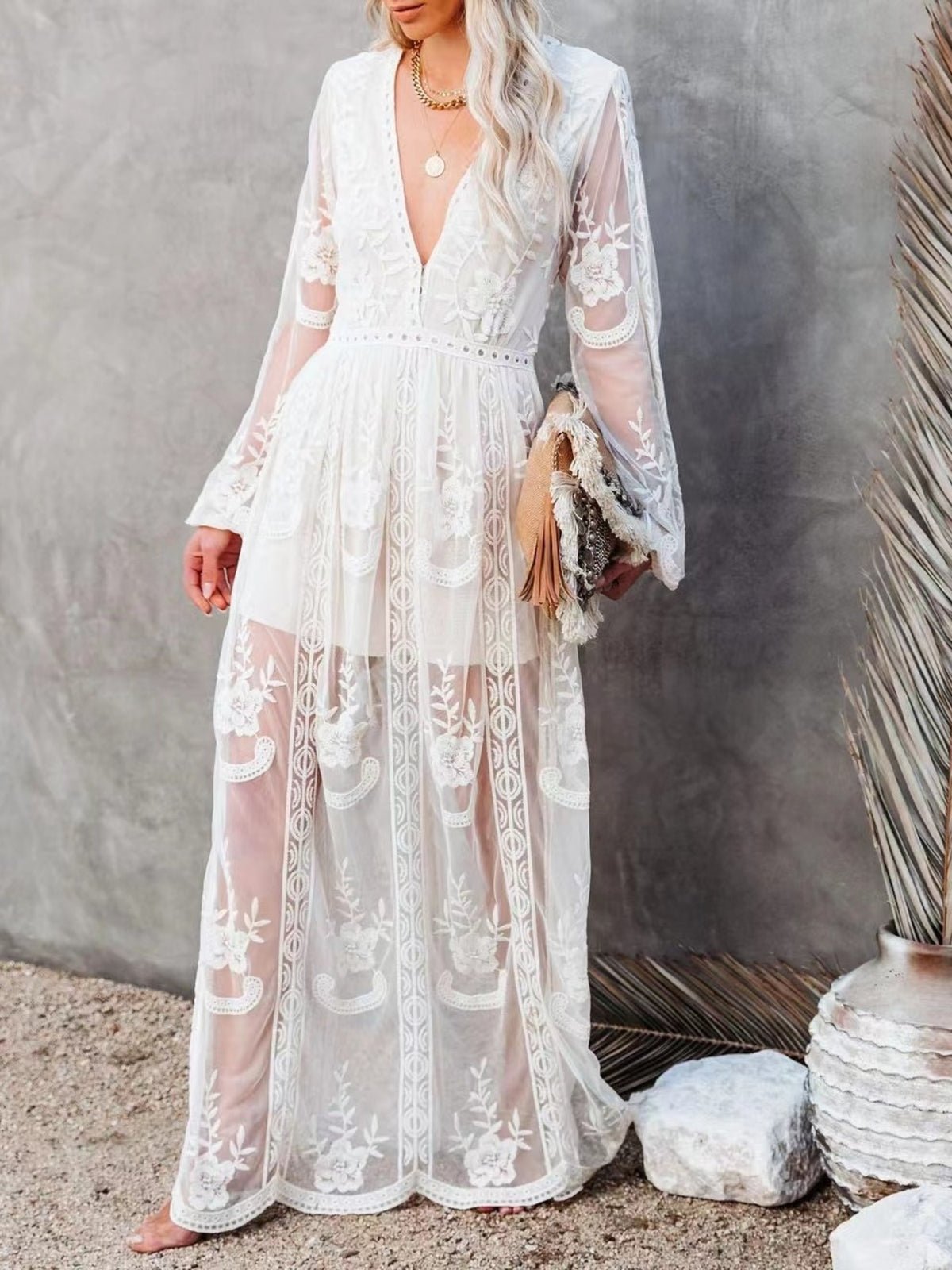 Floral lace slit maxi dress front view