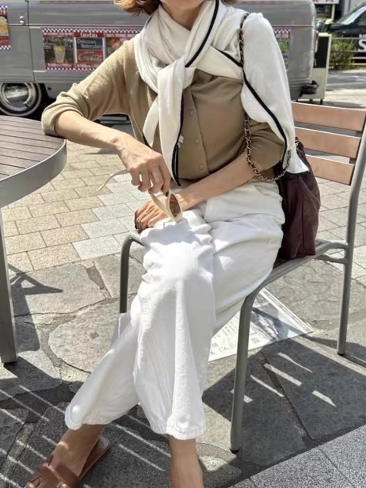 Wool scarf styled over a winter coat