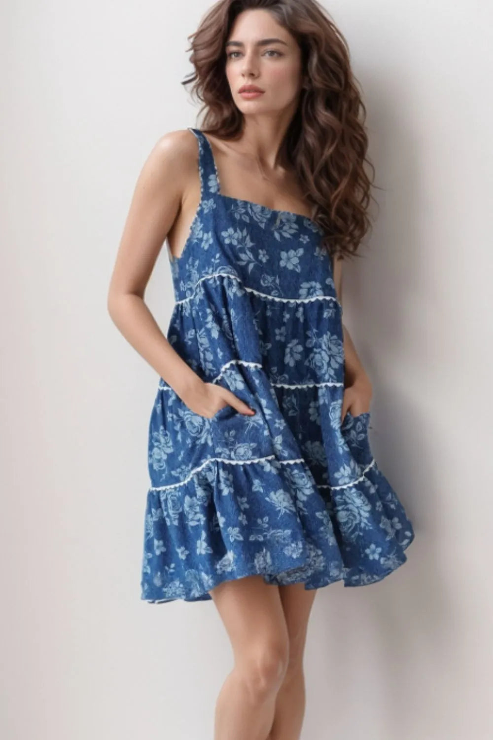 Floral tiered denim dress square neckline detail