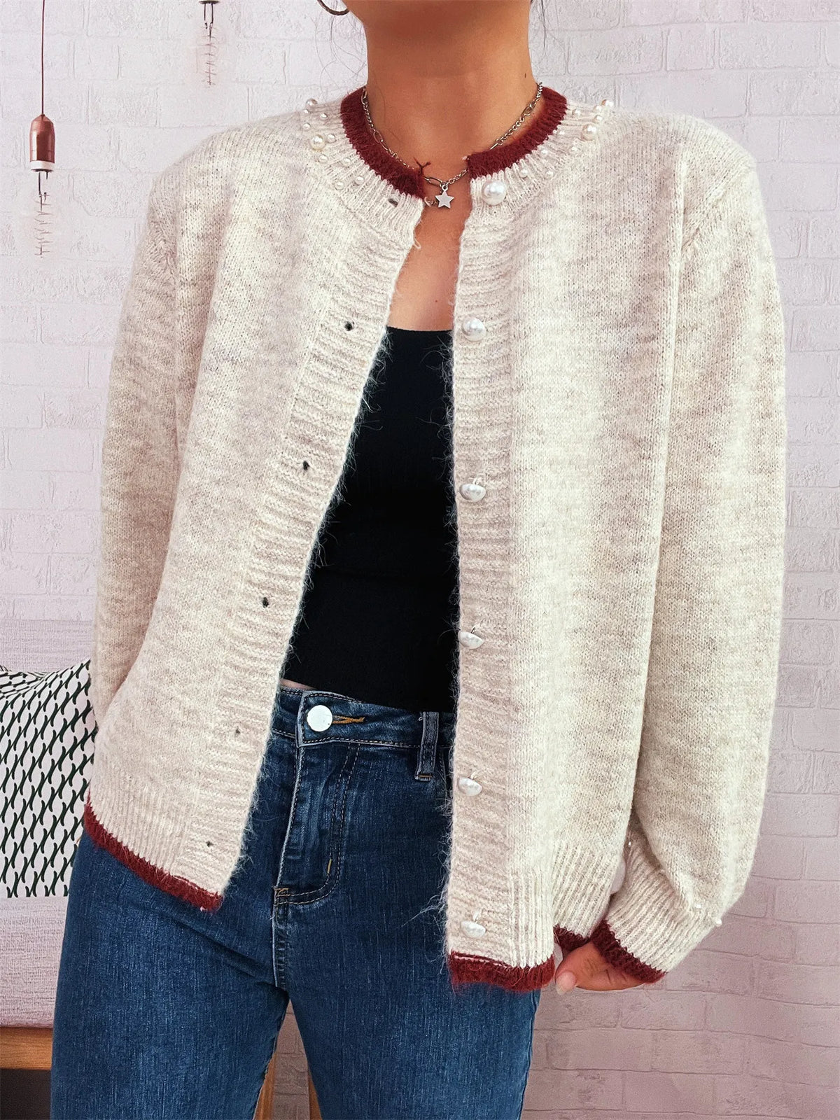 pearl button front ribbed cardigan full length view